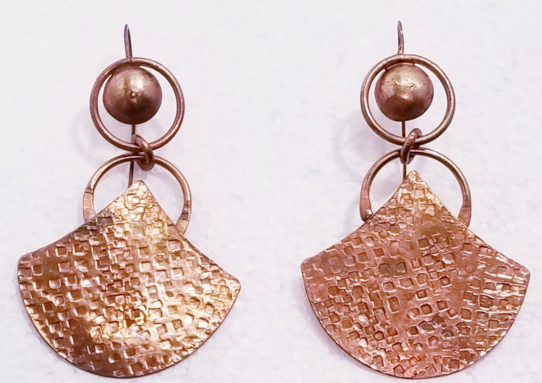 Fan Form Forged & Textured Copper Metal Earrings