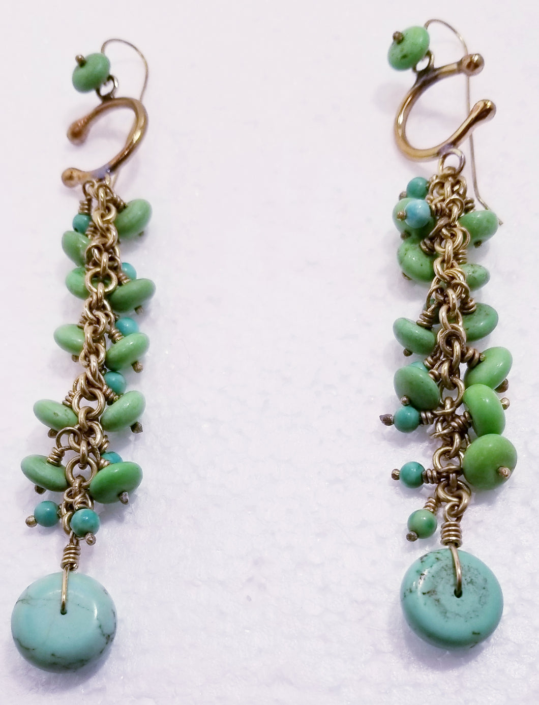 Green Calcite Cascading & Brass Metal Earrings