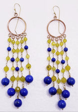 Load image into Gallery viewer, Lapis &amp; Lemonstone Brass Metal Chandelier Earrings
