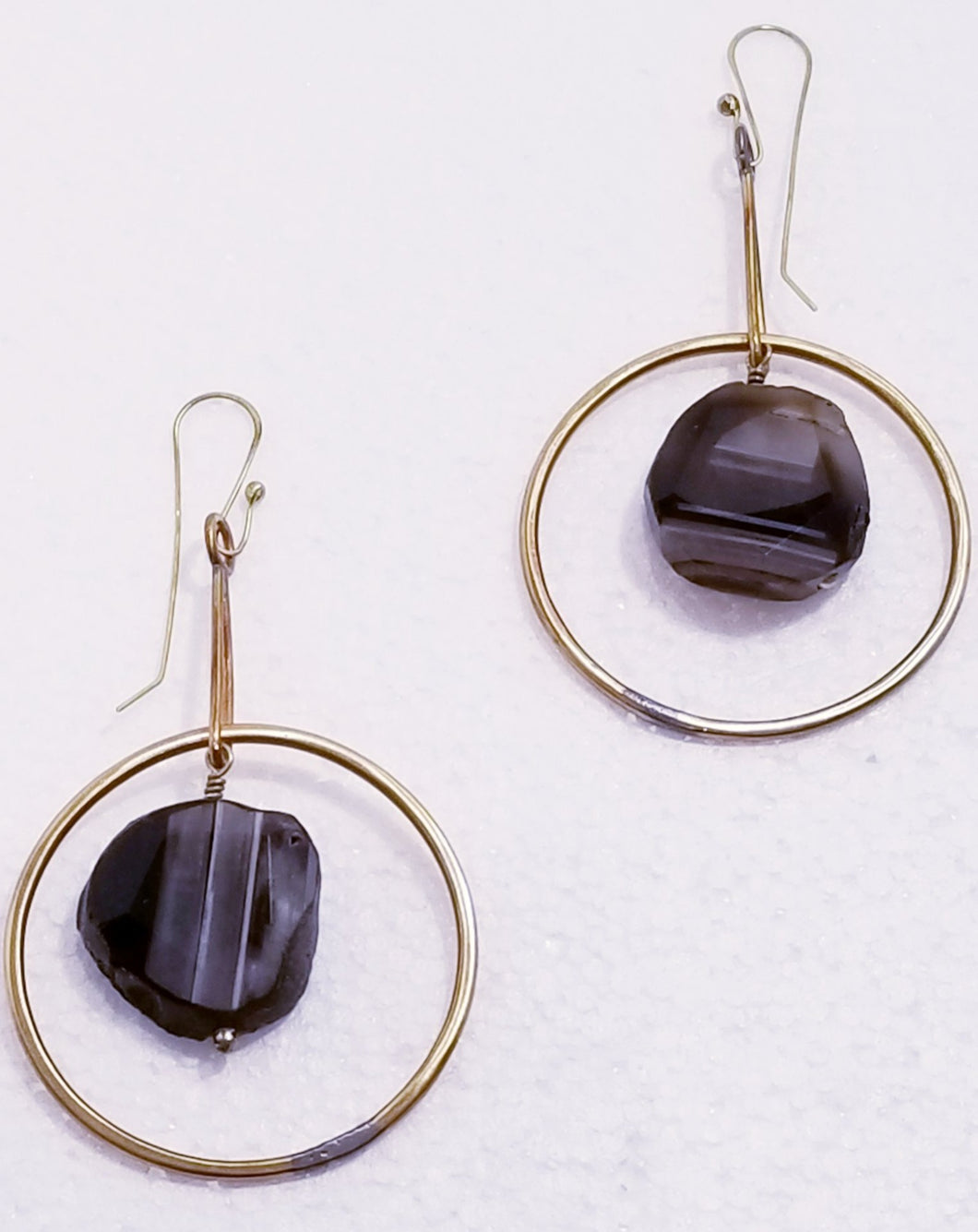 Free Form Brown Agate & Brass Metal Spinner Earrings