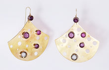 Load image into Gallery viewer, Purple Crystal Long Fan Shaped &amp; Brass Metal Earrings
