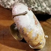 Load image into Gallery viewer, Crazy Lace Agate Elongated Oval Stone &amp; Brass Metal Ring Size 10
