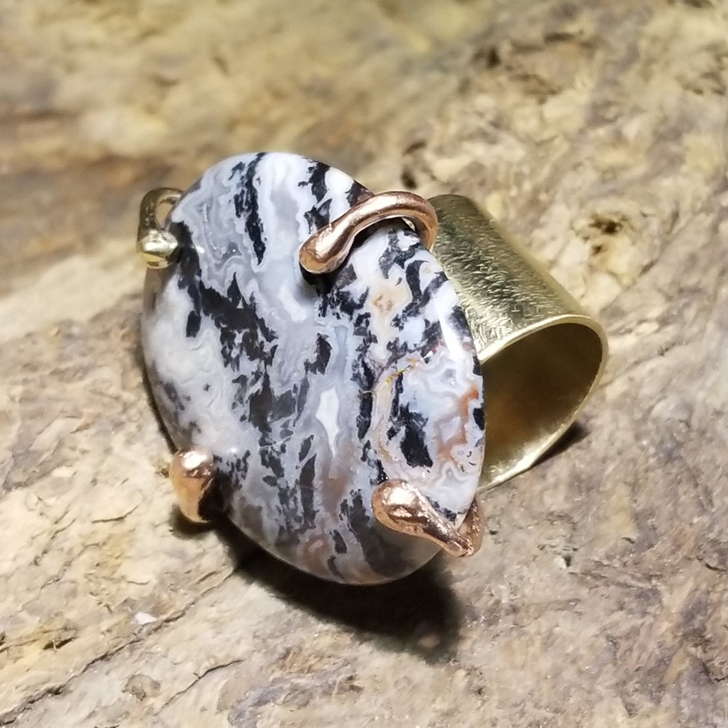 Zebra Jasper Brass & Copper Metal Ring Size 8