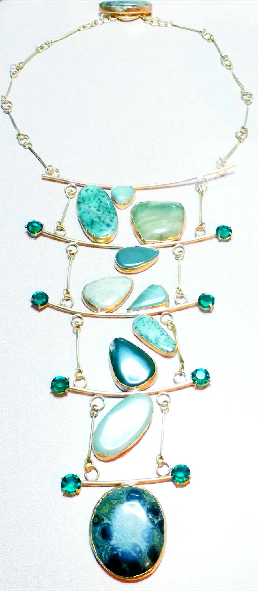 5 Tier Multi Green Gemstone & Brass Metal Neck Piece