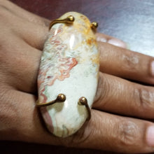 Load image into Gallery viewer, Crazy Lace Agate Elongated Oval Stone &amp; Brass Metal Ring Size 10
