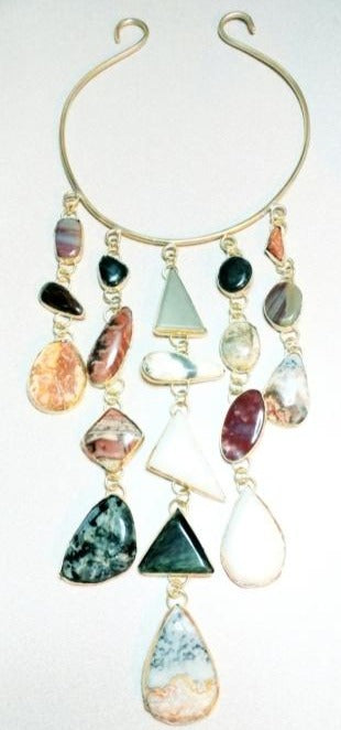 Multi-Gemstone Bib & Brass Metal Neck Piece